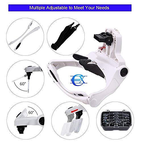 EUROXANTY®- Lupa Gafas con 2 luz LED Lupas Gran Aumento Perfecto para Leer, Extensiones de Pestañas, Reparación de Joyería, Gafas Lupa Visera, 5 Lentes Intercambiable 1X,1.5X,2X,2.5X,3X,3.5X