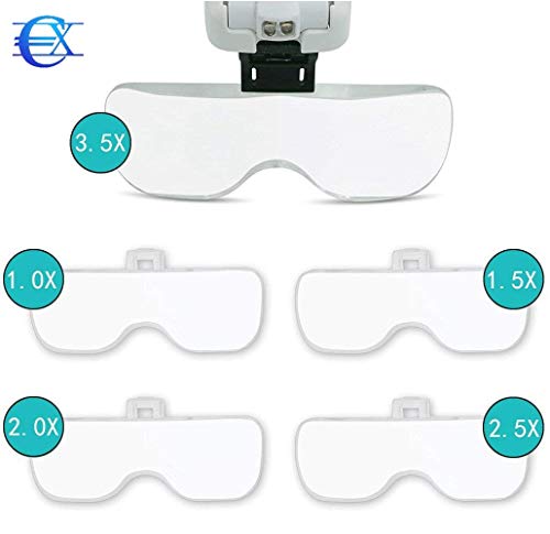 EUROXANTY®- Lupa Gafas con 2 luz LED Lupas Gran Aumento Perfecto para Leer, Extensiones de Pestañas, Reparación de Joyería, Gafas Lupa Visera, 5 Lentes Intercambiable 1X,1.5X,2X,2.5X,3X,3.5X
