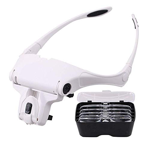 EUROXANTY®- Lupa Gafas con 2 luz LED Lupas Gran Aumento Perfecto para Leer, Extensiones de Pestañas, Reparación de Joyería, Gafas Lupa Visera, 5 Lentes Intercambiable 1X,1.5X,2X,2.5X,3X,3.5X