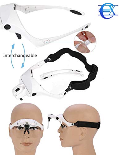 EUROXANTY®- Lupa Gafas con 2 luz LED Lupas Gran Aumento Perfecto para Leer, Extensiones de Pestañas, Reparación de Joyería, Gafas Lupa Visera, 5 Lentes Intercambiable 1X,1.5X,2X,2.5X,3X,3.5X