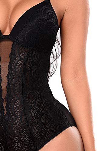 Evelife Mujer Erótica Ropa Interior Apretada Malla Body Elástico Mallas Encaje Floral Translúcido(Negro M)