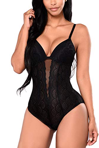 Evelife Mujer Erótica Ropa Interior Apretada Malla Body Elástico Mallas Encaje Floral Translúcido(Negro M)
