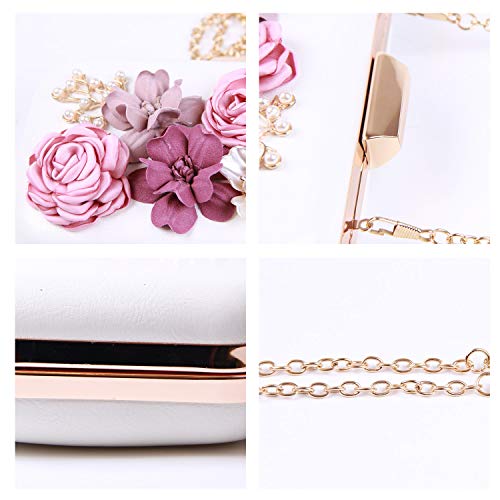 EVEOUT Bolso de Novia con Cuentas Flor Perlas para Novias,Bolso de Mano para Mujer en Piel Bolso de Fiesta para Mujer Bolso BandoleraRetro Pequeño Bolsos de Cadena para Niña