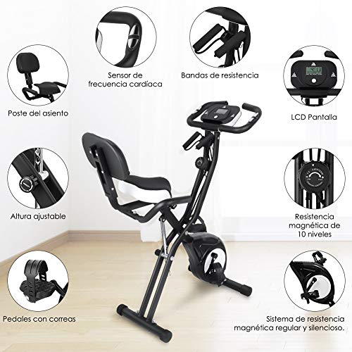 EVOLAND Bicicleta Estática Plegable, Bicicleta de Entrenamiento de Fitness 10 Niveles Resistencia Ajustable con Monitor Rítmo Cardíaco y 2 Bandas Elásticas para Ejercicio Entrenamiento en Casa
