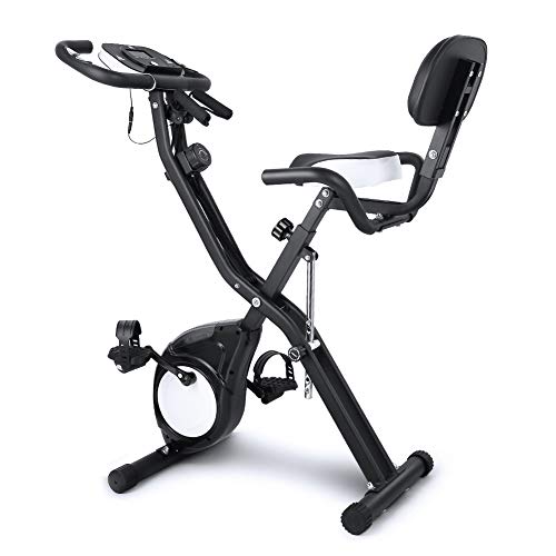 EVOLAND Bicicleta Estática Plegable, Bicicleta de Entrenamiento de Fitness 10 Niveles Resistencia Ajustable con Monitor Rítmo Cardíaco y 2 Bandas Elásticas para Ejercicio Entrenamiento en Casa