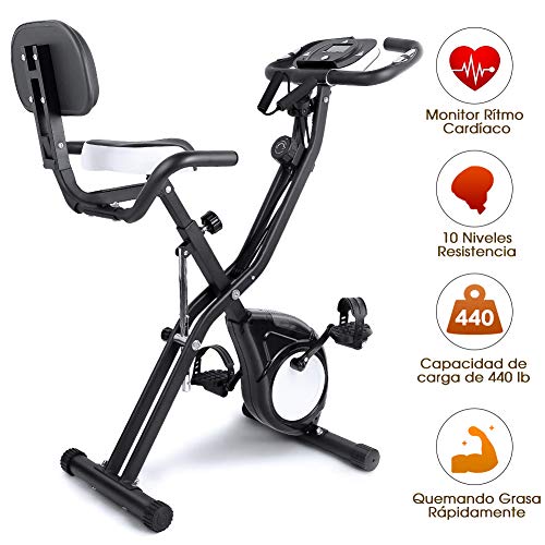 EVOLAND Bicicleta Estática Plegable, Bicicleta de Entrenamiento de Fitness 10 Niveles Resistencia Ajustable con Monitor Rítmo Cardíaco y 2 Bandas Elásticas para Ejercicio Entrenamiento en Casa
