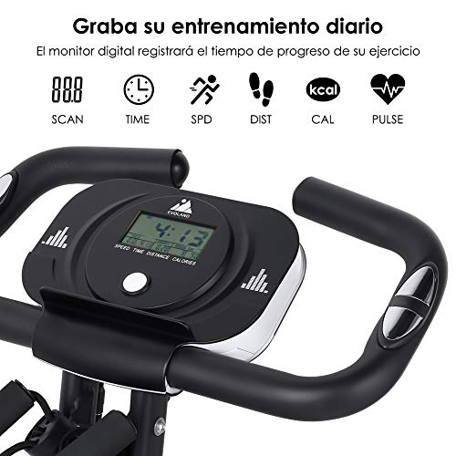 EVOLAND Bicicleta Estática Plegable, Bicicleta de Entrenamiento de Fitness 10 Niveles Resistencia Ajustable con Monitor Rítmo Cardíaco y 2 Bandas Elásticas para Ejercicio Entrenamiento en Casa