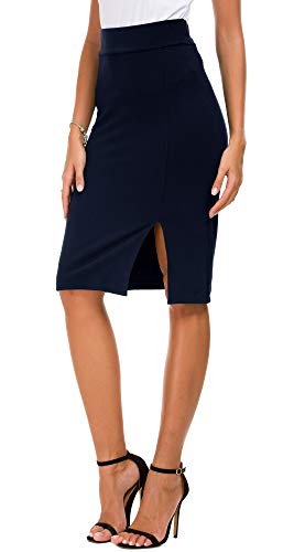 EXCHIC Lápiz de Mujer Bodycon Falda de Negocios Hendidura Lateral Dobladillo (S, Azul Marino)