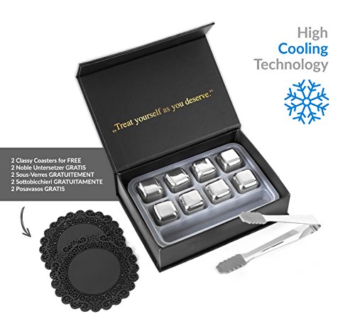 Exclusivo Whisky Piedras Set de Regalo de Acero Inoxidable - Alta Tecnología de Refrigeración - Whisky Stones Gift Set - 8 Reutilizables Cubitos de Hielo para Whisky con Posavasos + Pinzas by Amerigo