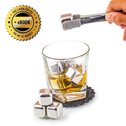 Exclusivo Whisky Piedras Set de Regalo de Acero Inoxidable - Alta Tecnología de Refrigeración - Whisky Stones Gift Set - 8 Reutilizables Cubitos de Hielo para Whisky con Posavasos + Pinzas by Amerigo