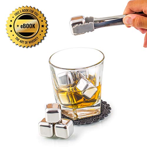Exclusivo Whisky Piedras Set de Regalo de Acero Inoxidable - Alta Tecnología de Refrigeración - Whisky Stones Gift Set - 8 Reutilizables Cubitos de Hielo para Whisky con Posavasos + Pinzas by Amerigo