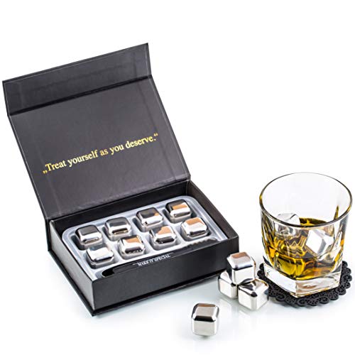 Exclusivo Whisky Piedras Set de Regalo de Acero Inoxidable - Alta Tecnología de Refrigeración - Whisky Stones Gift Set - 8 Reutilizables Cubitos de Hielo para Whisky con Posavasos + Pinzas by Amerigo