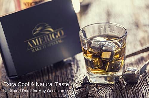 Exclusivo Whisky Piedras Set de Regalo de Acero Inoxidable - Alta Tecnología de Refrigeración - Whisky Stones Gift Set - 8 Reutilizables Cubitos de Hielo para Whisky con Posavasos + Pinzas by Amerigo