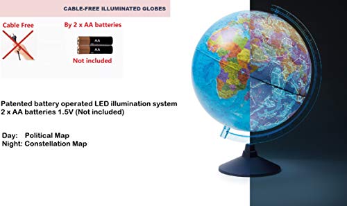 Exerz Globo terráqueo Iluminado 21cm con Iluminación LED Sin Cables Día Y Noche - Mapa de Ingles - Mapa Político/Estrellas De Constelación
