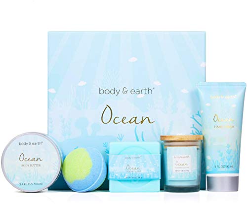 Experiencia de Spa en Una Caja - Set de Baño y Ducha Lujoso de 5 Piezas a Océano, Incluye Vela Perfumada, Manteca Corporal, Crema de Manos, Sales de Baño. Regalo para Spa en el Hogar, Relajación Ideal