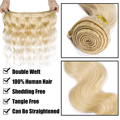 Extensiones de Cabello Natural Cortina Pelo Natural Humano Brasileño Virgen 100% Remy Blonde Human Hair Bundles Rizado Ondulado 14"(35cm,100g,#613 Blanqueador Rubio)