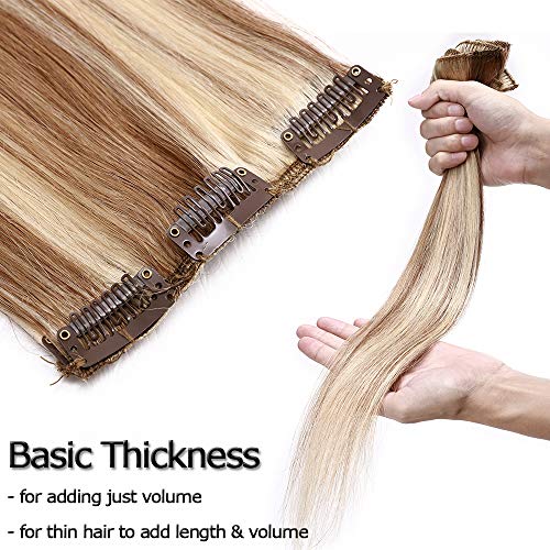 Extensiones de Clip de Pelo Natural Postizos Cabello Humano Mechas Balayage Liso Remy Clip In Human Hair [ 8 Piezas 18 Clips ] - 8"(20CM) #12/613 Castaño Dorado/Blanqueador Rubio