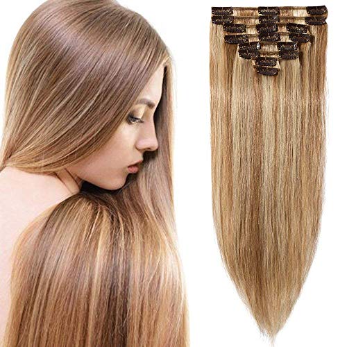 Extensiones de Clip de Pelo Natural Postizos Cabello Humano Mechas Balayage Liso Remy Clip In Human Hair [ 8 Piezas 18 Clips ] - 8"(20CM) #12/613 Castaño Dorado/Blanqueador Rubio