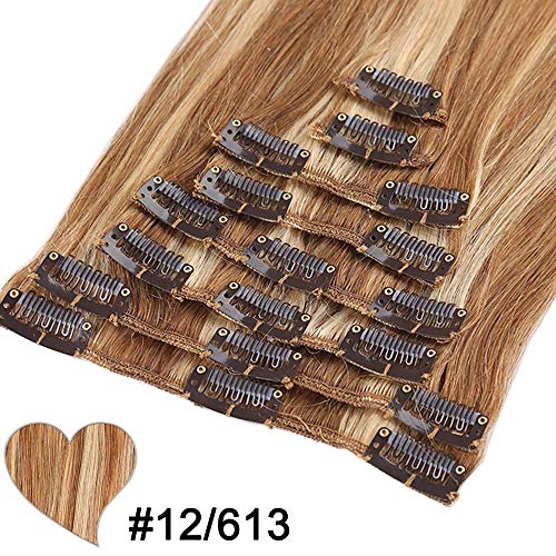Extensiones de Clip de Pelo Natural Postizos Cabello Humano Mechas Balayage Liso Remy Clip In Human Hair [ 8 Piezas 18 Clips ] - 8"(20CM) #12/613 Castaño Dorado/Blanqueador Rubio