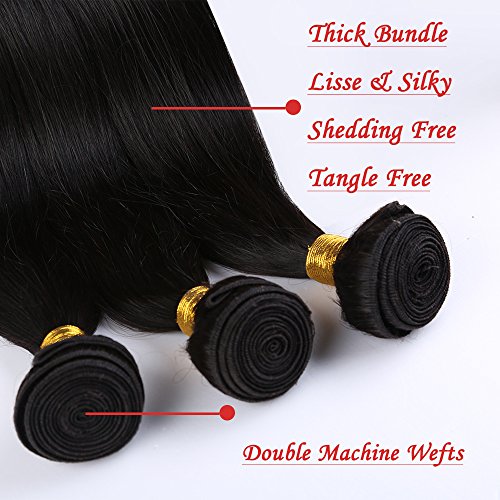 Extensiones de Cortina Pelo Natural Humano Brazilian Human Hair 3 Bundles with Closure 100% Remy Unprocessed Virgin Hair Straight Lisas #1B Negro Natural (60 60 60+60cm)