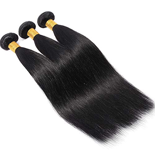 Extensiones de Cortina Pelo Natural Humano Brazilian Human Hair 3 Bundles with Closure 100% Remy Unprocessed Virgin Hair Straight Lisas #1B Negro Natural (60 60 60+60cm)