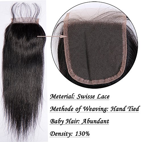 Extensiones de Cortina Pelo Natural Humano Brazilian Human Hair 3 Bundles with Closure 100% Remy Unprocessed Virgin Hair Straight Lisas #1B Negro Natural (60 60 60+60cm)