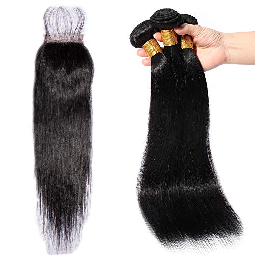 Extensiones de Cortina Pelo Natural Humano Brazilian Human Hair 3 Bundles with Closure 100% Remy Unprocessed Virgin Hair Straight Lisas #1B Negro Natural (60 60 60+60cm)