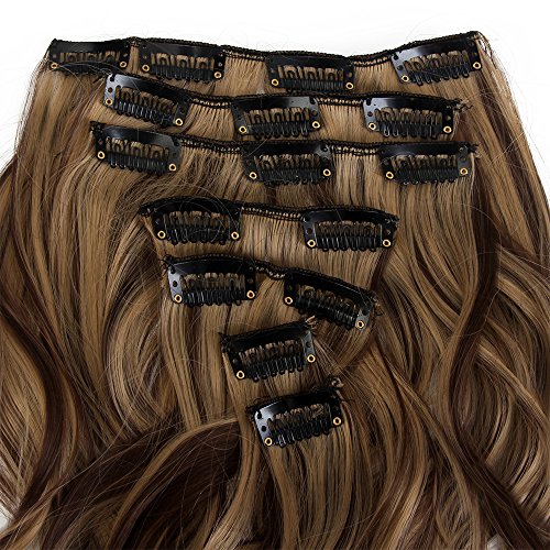 Extensiones de pelo de 55,9 cm, pelo ondulado, 7 unidades, mezcla de color marrón y negro