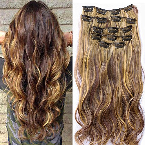 Extensiones de pelo de 55,9 cm, pelo ondulado, 7 unidades, mezcla de color marrón y negro