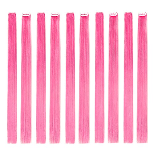 Extensiones de pelo liso de color con clip de 55,88 cm, modernos postizos para fiestas con reflejos rosas, 10 unidades