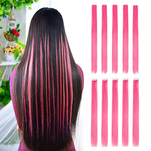Extensiones de pelo liso de color con clip de 55,88 cm, modernos postizos para fiestas con reflejos rosas, 10 unidades