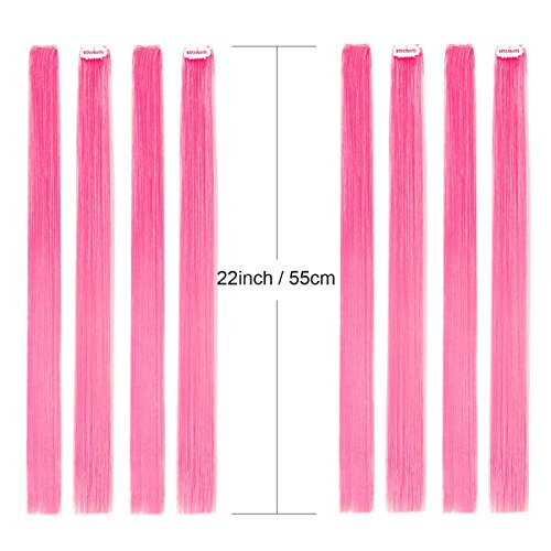 Extensiones de pelo liso de color con clip de 55,88 cm, modernos postizos para fiestas con reflejos rosas, 10 unidades