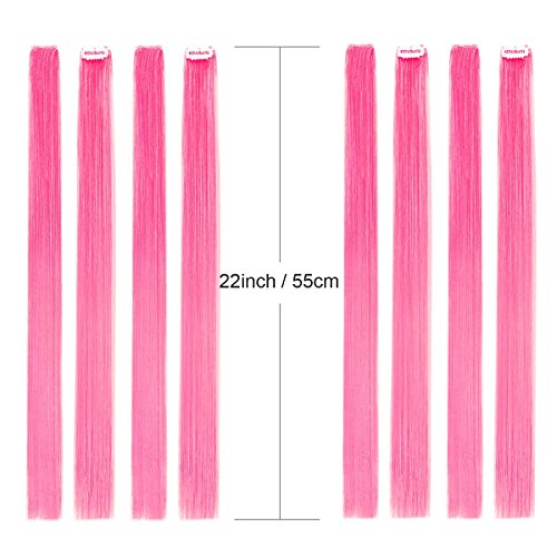 Extensiones de pelo liso de color con clip de 55,88 cm, modernos postizos para fiestas con reflejos rosas, 10 unidades