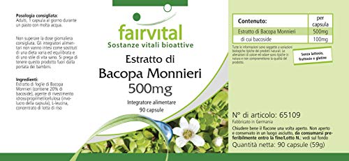 Extracto de Bacopa Monnieri 500mg - Brahmi VEGANO - 20% de bacósidos - Dosis elevada - 90 Cápsulas - Calidad Alemana