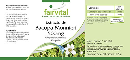 Extracto de Bacopa Monnieri 500mg - Brahmi VEGANO - 20% de bacósidos - Dosis elevada - 90 Cápsulas - Calidad Alemana