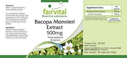 Extracto de Bacopa Monnieri 500mg - Brahmi VEGANO - 20% de bacósidos - Dosis elevada - 90 Cápsulas - Calidad Alemana