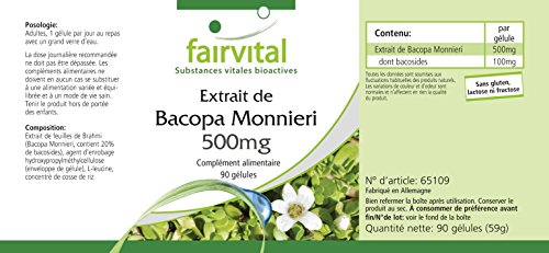 Extracto de Bacopa Monnieri 500mg - Brahmi VEGANO - 20% de bacósidos - Dosis elevada - 90 Cápsulas - Calidad Alemana