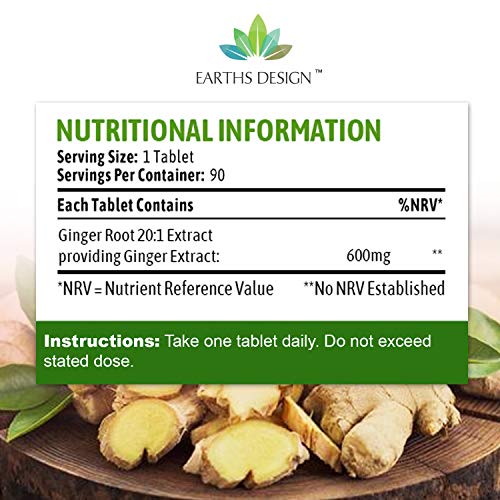 Extracto de Jengibre 600 mg - Extracto de Alta Concentración 20:1 - Para Hombres y Mujeres - Apto Para Vegetarianos - 90 Pastillas (Suministro Para 3 Meses) de Earths Design
