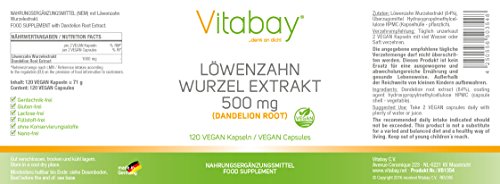 Extracto de raíz de diente de león 500 mg - 120 cápsulas de verduras - Diurético - Deshidratación