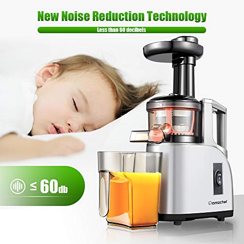 Extractor de zumo AMZCHEF Licuadora Prensado en Frio Licuadoras para verduras y frutas Máquina de Jugo Slow Juicer |Función Inversa/Motor Silencioso/cepillo limpieza/Taza de jugo Sin BPA