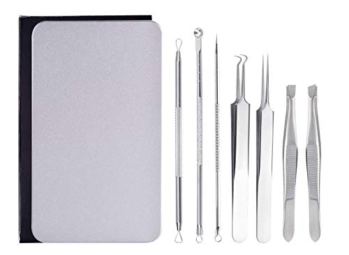 Extractor Puntos Negros Limpiador 7PCS Cejas Pinzas de Depilar para Acné Acero INOX Aguja Extractor Acné Limpiador Puntos Negros Profesional para Espinillas Acné, Puntos Blancos, Granos Zit Encarnados