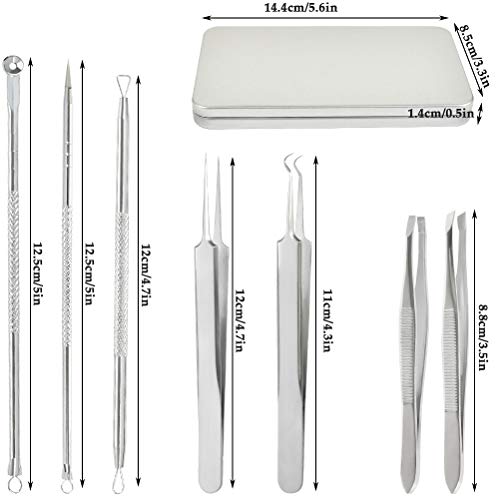 Extractor Puntos Negros Limpiador 7PCS Cejas Pinzas de Depilar para Acné Acero INOX Aguja Extractor Acné Limpiador Puntos Negros Profesional para Espinillas Acné, Puntos Blancos, Granos Zit Encarnados