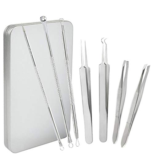 Extractor Puntos Negros Limpiador 7PCS Cejas Pinzas de Depilar para Acné Acero INOX Aguja Extractor Acné Limpiador Puntos Negros Profesional para Espinillas Acné, Puntos Blancos, Granos Zit Encarnados