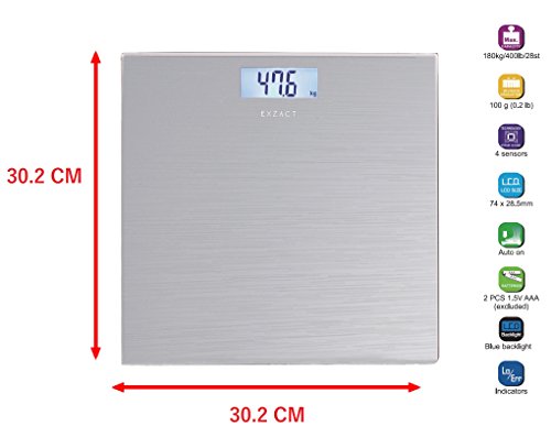Exzact Báscula Corporal Electrónica/Báscula de Baño Digital/Escala Personal - 180kg - Exhibición del LCD de la contraluz (Plata)