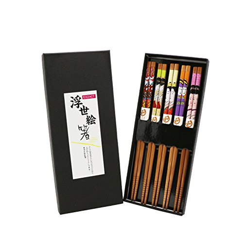 Exzact EX-CS05 Set de regalo para palillos - 5 pares de palillos de bambú natural reutilizables en una hermosa caja negra hecha a mano - Estilo japonés decorado