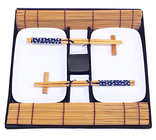 Exzact EX-SG Hermoso Estilo Oriental Set de Sushi de 10 Piezas - 2 x Platos de Sushi, 2 x tazones de inmersión, 2 x Bamboo Sushi Rolling Mats, 2 x Palillos de bambú Rests, 2 x Pares de Palillos