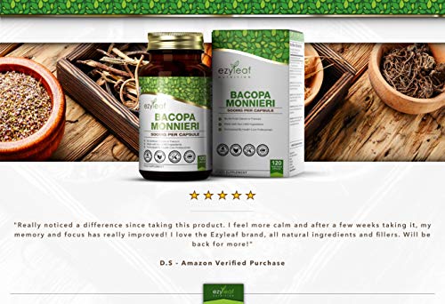 Ezyleaf Bacopa Monnieri | 120 Capsulas Veganas | Para Ayudar en el Aprendizaje, la Memoria y el Concentracion | Nootropico | Pastillas para Estudiar | Sin OGM y Sin Gluten o Sabores Artificiales