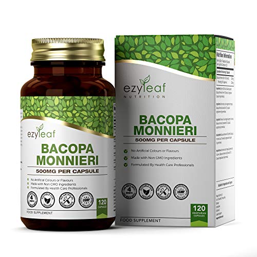 Ezyleaf Bacopa Monnieri | 120 Capsulas Veganas | Para Ayudar en el Aprendizaje, la Memoria y el Concentracion | Nootropico | Pastillas para Estudiar | Sin OGM y Sin Gluten o Sabores Artificiales