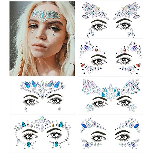 Face Gem Stickers, MOOKLIN Juego de 6 hojas con Pegatinas Cara Joyas cara Cristales Tatuajes Temporales falso para Pegar Bindi