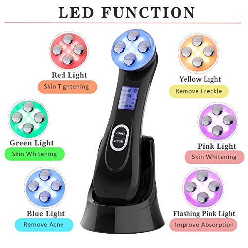 Facial Aparato Radiofrecuencia, Aparato Facial Ultrasonido, 5 Modos de Terapia de luz LED, Antiarrugas, Anti-envejecimiento, Rejuvenecimiento, Limpieza Profunda, Cuidado Facial, Buen Regalo de Damas